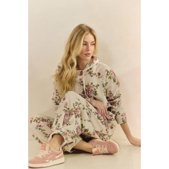 Veveret Size Small Beige Floral Printed French Terry Pants - Picture 11 of 11